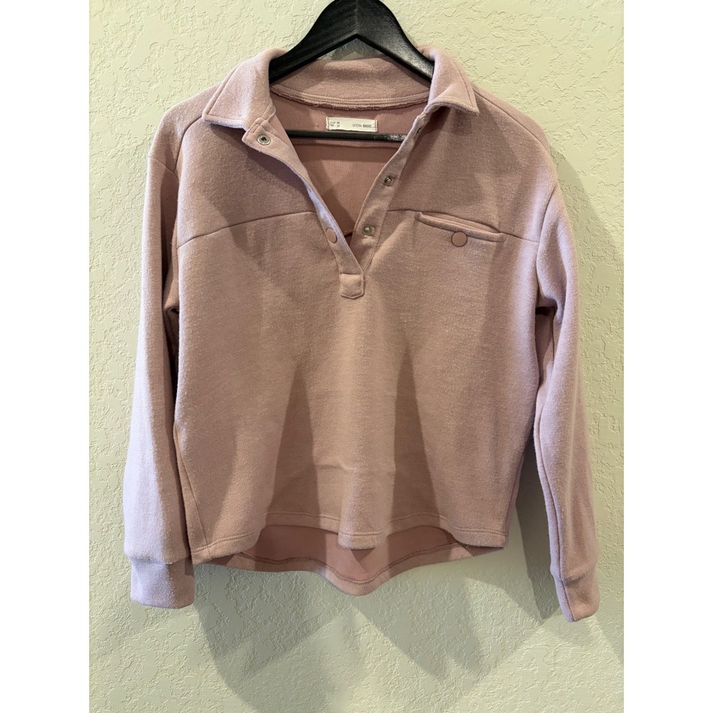 Sfera Basic Womens Pink Snap Button Pullover Sweatshirt Collared Rose Heathered